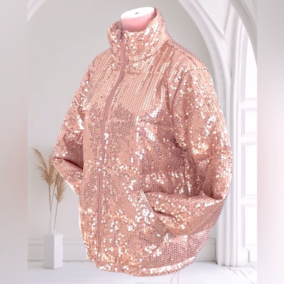 Grace + Emma All Over Sequence Puffer Jacket Coat Rose Gold Shiny Sparkly Med - Picture 2 of 10